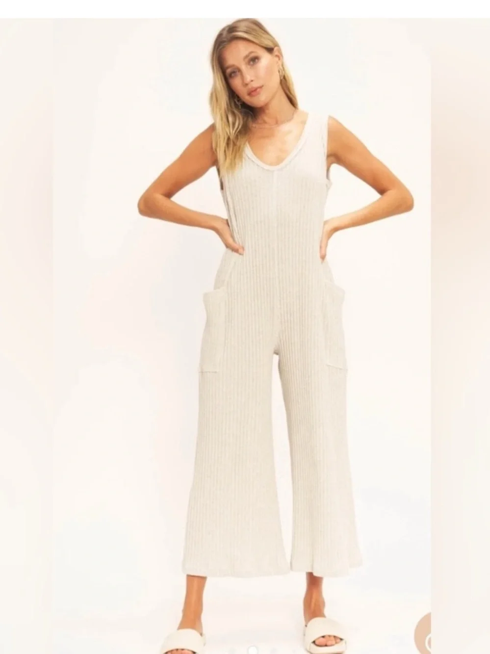Project Social T Santa Maria Ribbed Jumpsuit Wide Leg Crop Ash Size S